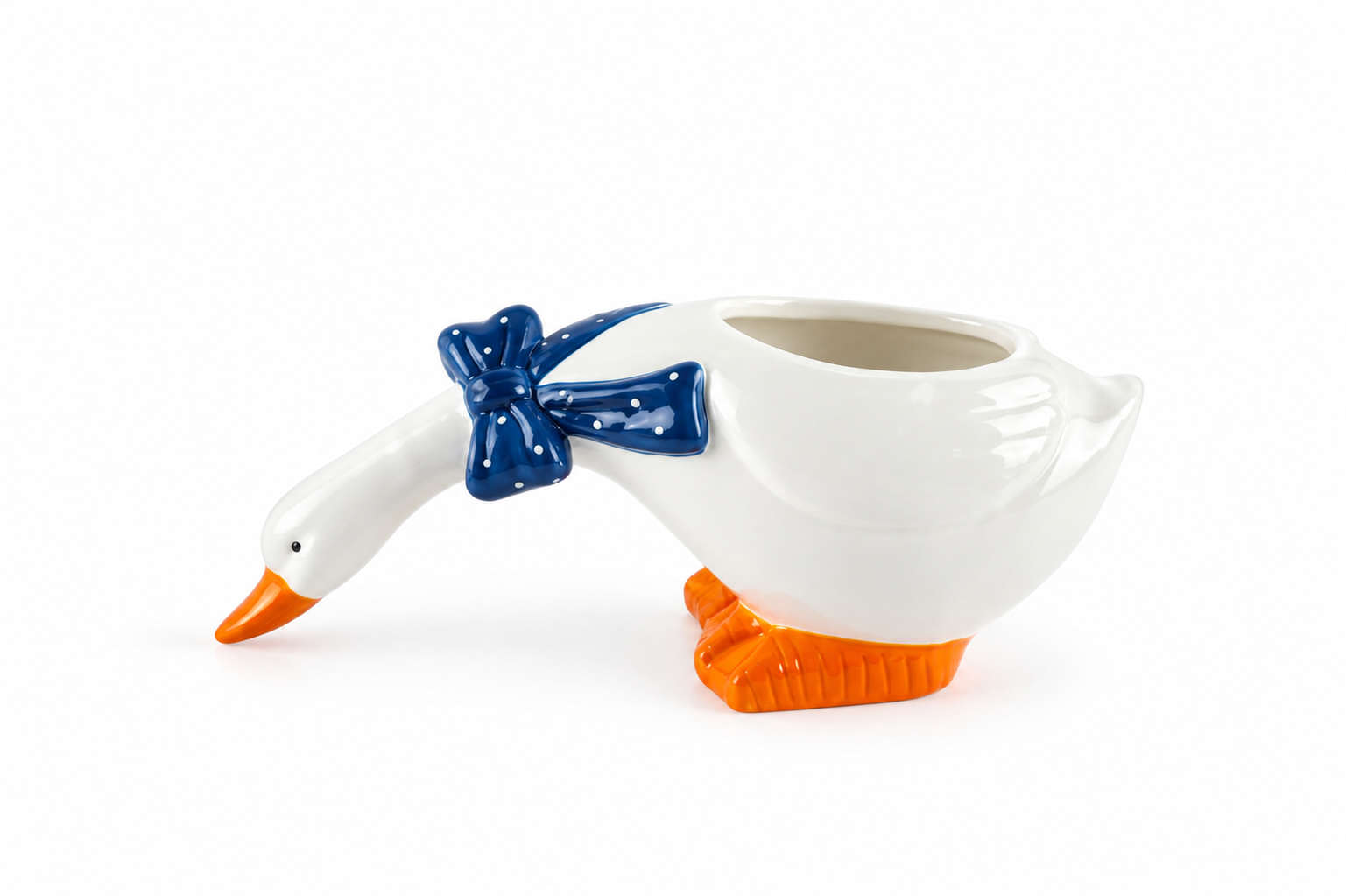 Ceramic Feeding Goose Bowl with Blue Bow