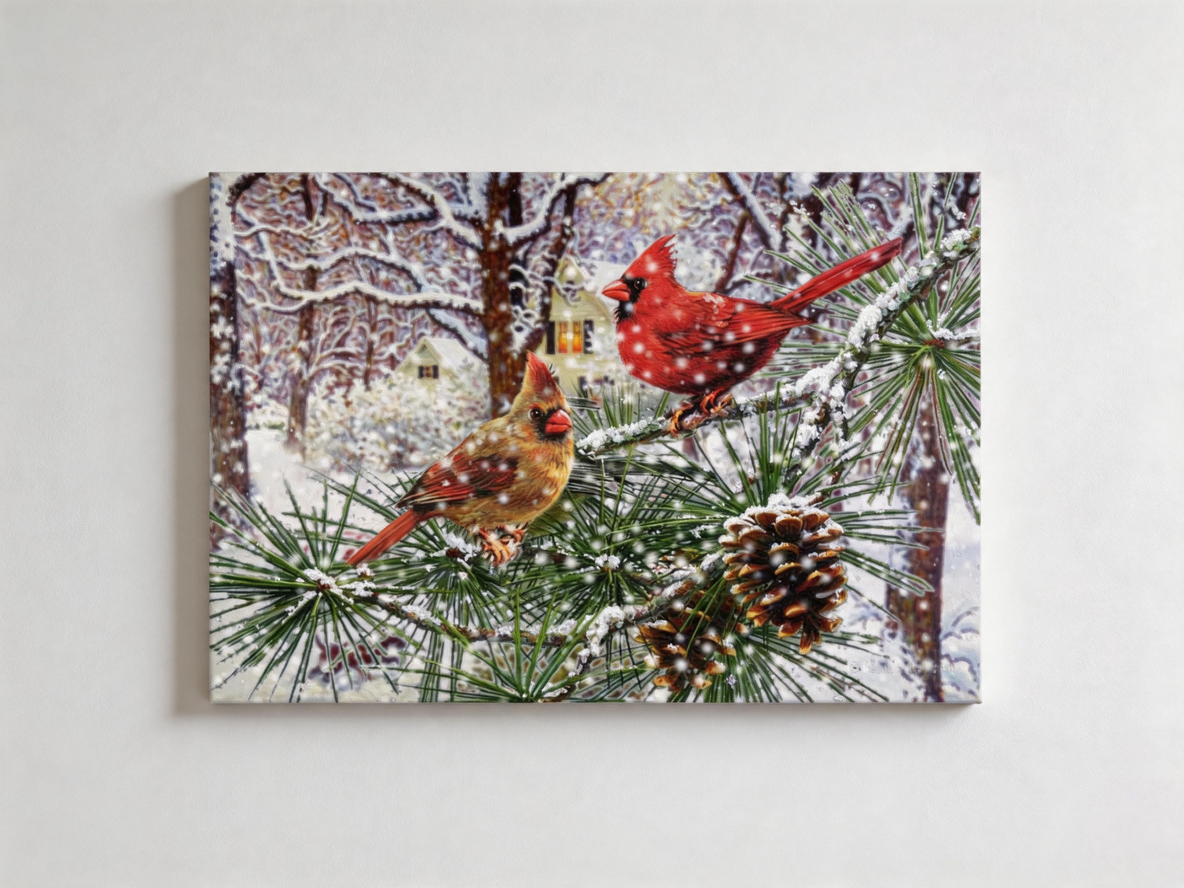 Lighted Christmas Cardinal & Pinecone Canvas Wall Art