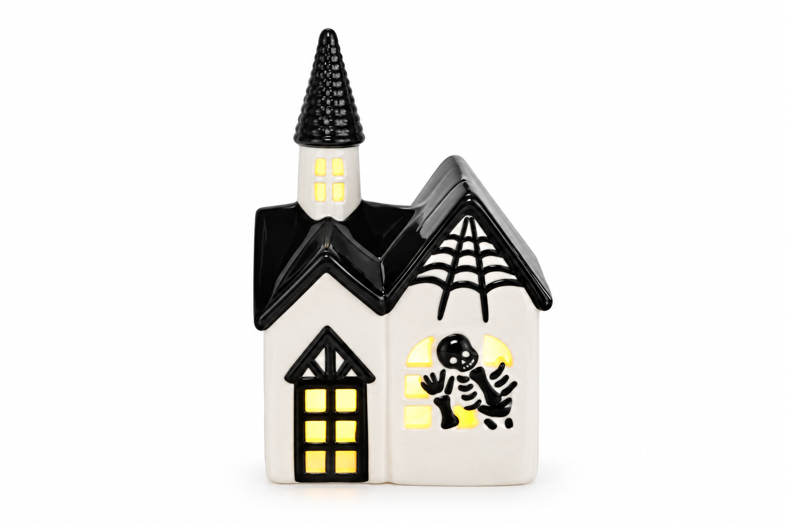 Light-Up Ceramic Halloween Haunted House with Skeleton