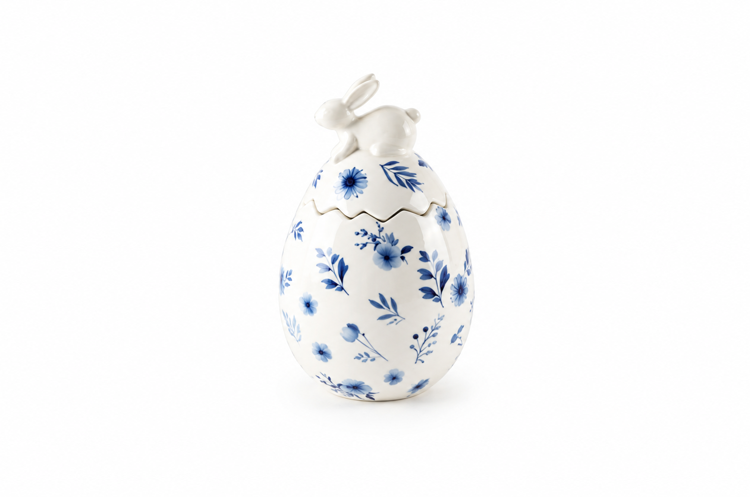 Blue Floral Ceramic Easter Egg Bunny Jar