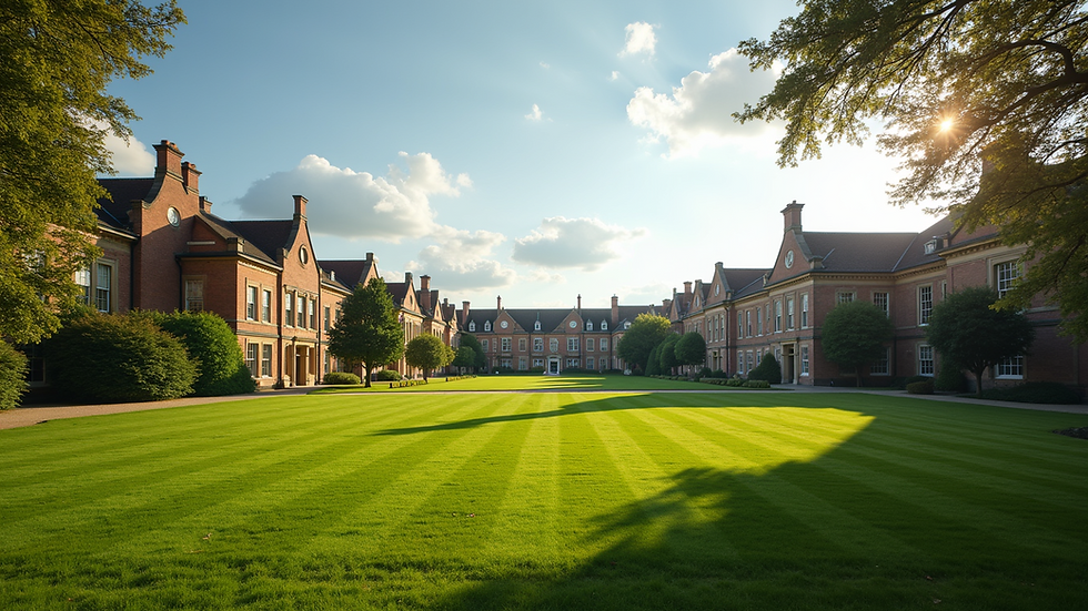 Wide angle view of a college campus with green lawns and historic buildings