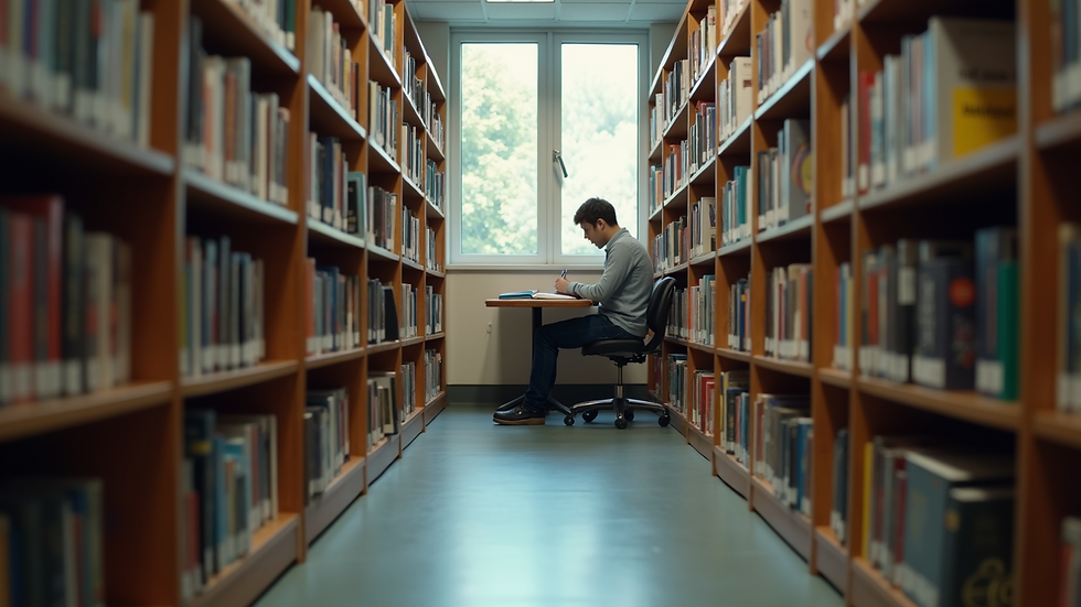 Eye-level view of a student studying quietly in a library