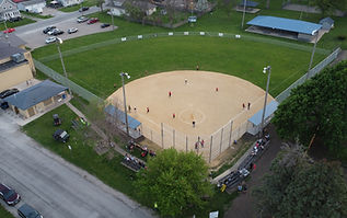 Drone shot of the Blue Grass Community Center baseball field located in Blue Grass, IA