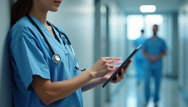 Ooghoogte overzicht van een zorgmedewerker die met een tablet werkt in een moderne zorgomgeving