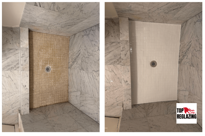Tile shower base refinishing before and after restoration in marble shower enclosure