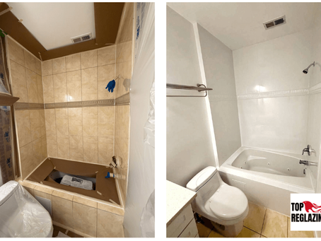 Bathtub reglazing in Maryland before and after showing restored tub and shower tile