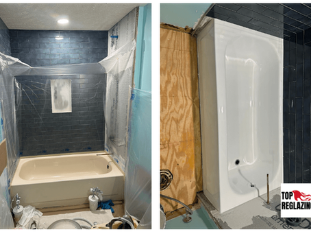 Bathtub reglazing before and after with dark tile bathroom transformation