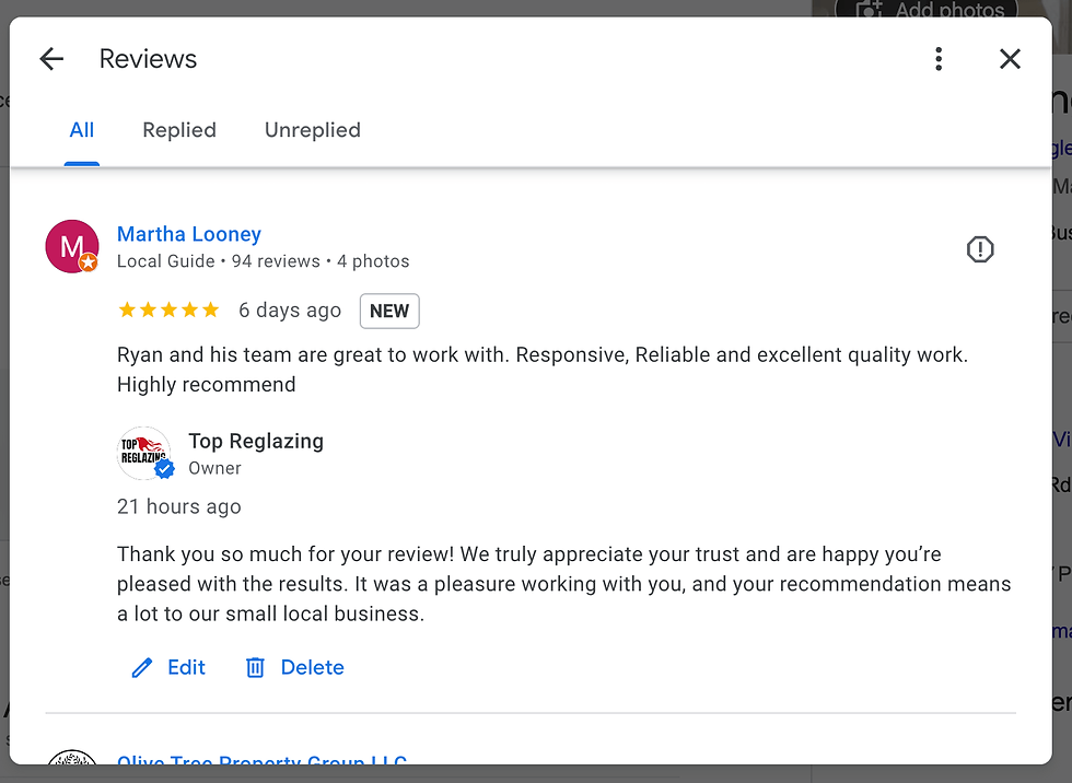 Google review noting good quality and excellent reglazing service from Top Reglazing in the DMV area.