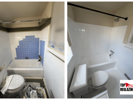 Before and after bathtub reglazing with partially repaired tile wall and updated white finish in small bathroom