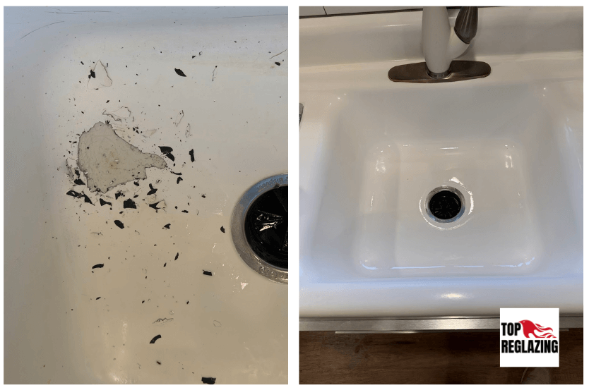 Sink reglazing in Maryland before and after cracked sink repair