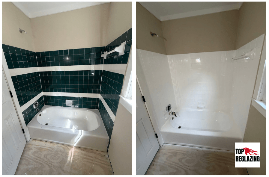 Dark green bathroom tile and bathtub refinished to white before selling a home