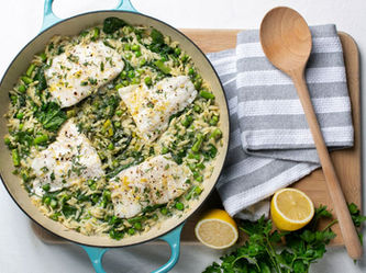 One pan spring orzo with ling cod