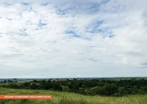 Paisagem cênica com vastas colinas cobertas por grama verde exuberante e algumas árvores à esquerda. Céu parcialmente nublado com nuvens cinza e brancas, revelando trechos de azul. Linha do horizonte suavemente embaçada cria profundidade. Na parte inferior, à esquerda, lê-se "NAUANY STHEFANNY POLICARPO SILVA".
