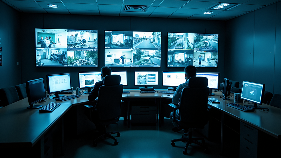 High angle view of a security control room with multiple surveillance monitors