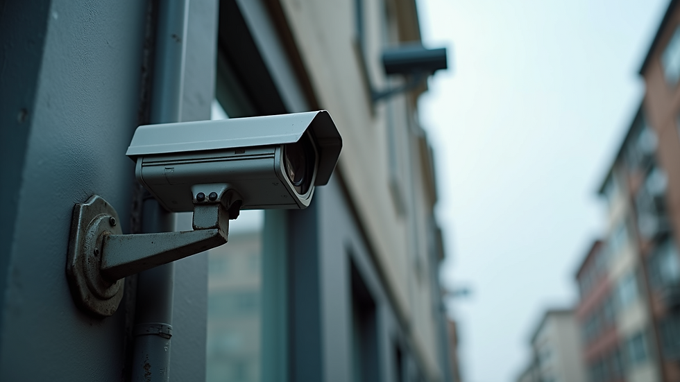 Eye-level view of a security camera mounted on a building corner