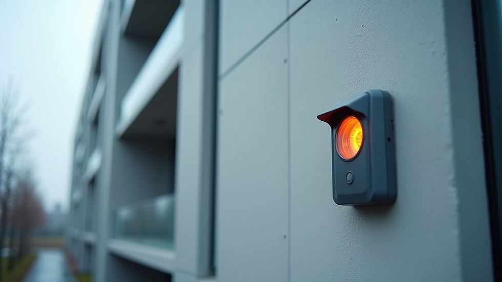 Eye-level view of a modern building facade with integrated safety sensors