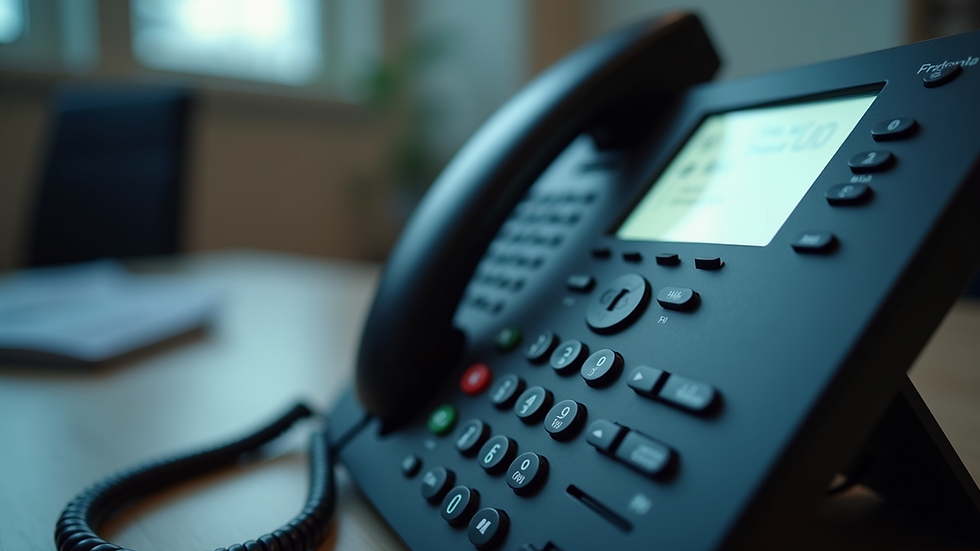 Close-up view of a VoIP phone keypad and display screen