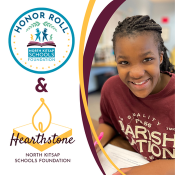 Smiling child writes at a desk beside Honor Roll and Hearthstone North Kitsap Schools Foundation logos.