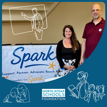 Katie Lee and Stefan Keel stand smiling beside a "Spark" banner indoors. The banner has a blue and yellow star logo. Text below the Logo reads "Support. Partner. Advocate. Reach. Kindle. Helping teachers One Spark at a time.
