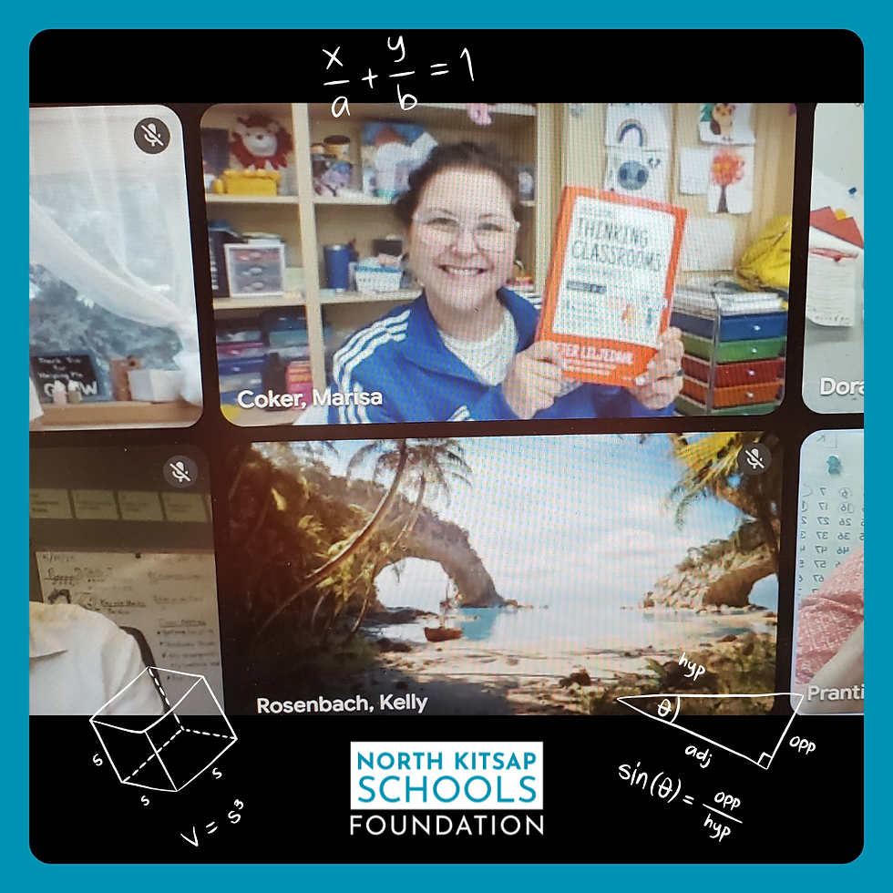 Grid with video call images: a person smiling and holding a book called Building Thinking Classrooms in Mathematics. Math equations and diagrams overlay.