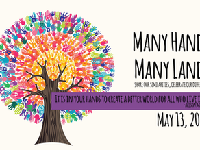 Colorful handprints form a tree. Text: "Many Hands Many Lands Share Our Similarities, Celebrate Our Differences" and a Mandela quote on a purple banner "It is in your hands to create a better world for all who live in it." Date: May 13, 2025.
