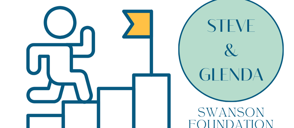 Collage of students in libraries, text "Kitsap Great Give," "Steve & Glenda Swanson Foundation," and "North Kitsap Schools Foundation." A graphic shows a person running up steps towards a flag at the top step.