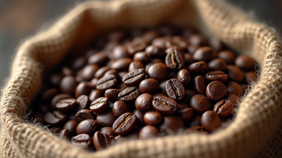 Close-up view of freshly roasted coffee beans in a burlap sack