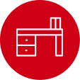 Icône rouge d’un bureau avec tiroirs et rangement