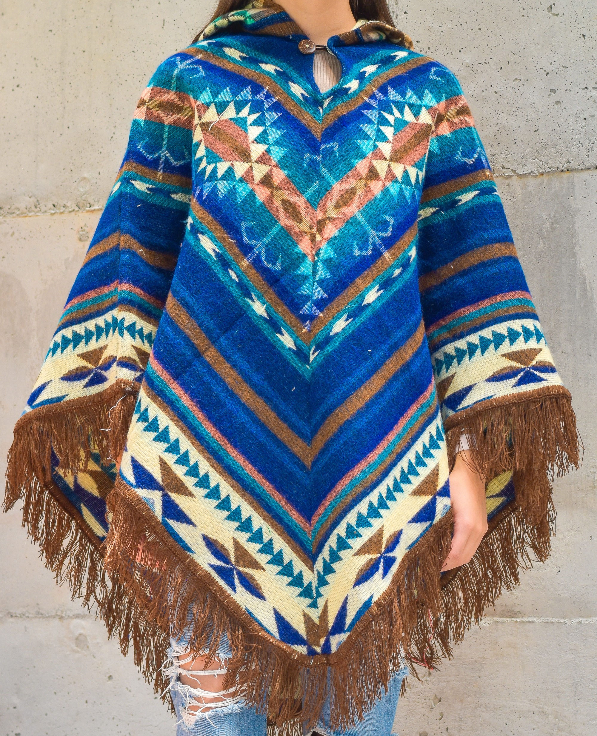 Inca Diamond Shape Alpaca Wool Poncho with Hood | Boho Style Ethic