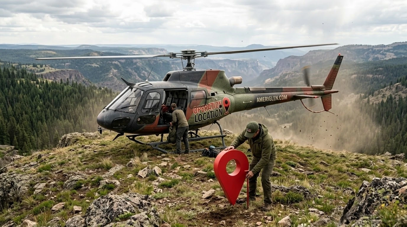 Illustration: the Operation Location helicopter landed on a mountain ridge while a Volunteer sets a giant red map pin into the ground