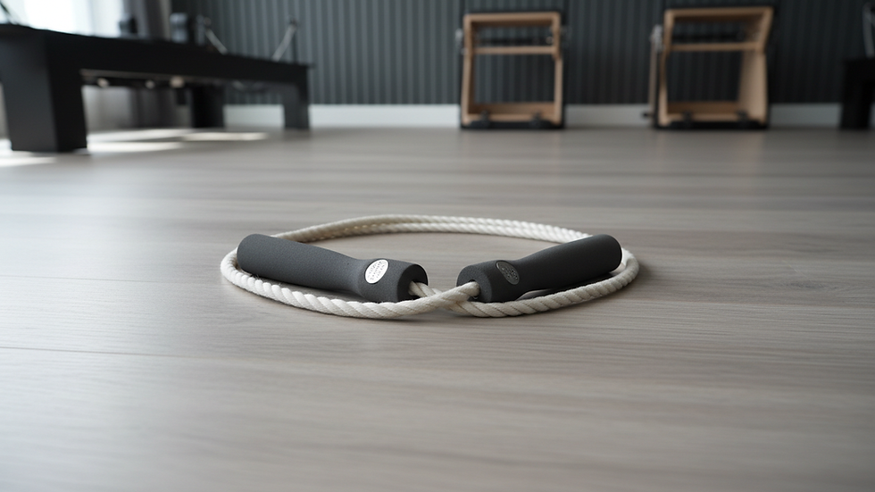 Eye-level view of a jump rope with foam handles on a wooden floor