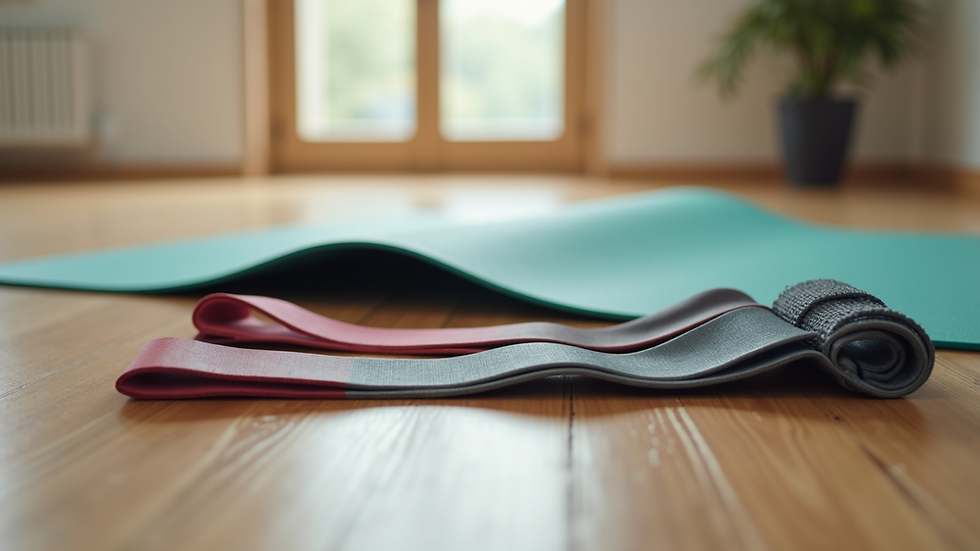 Eye-level view of a Pilates mat and resistance bands neatly arranged on a wooden floor