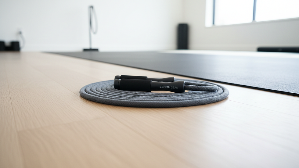 Close-up view of a coiled jump rope on a smooth gym floor