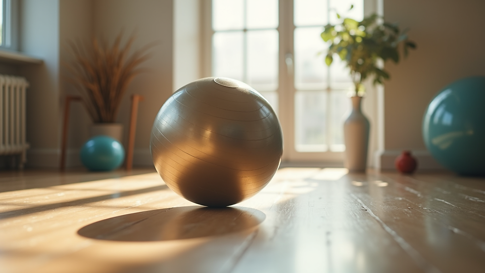 Close-up view of a Pilates ball on a studio floor with soft natural light