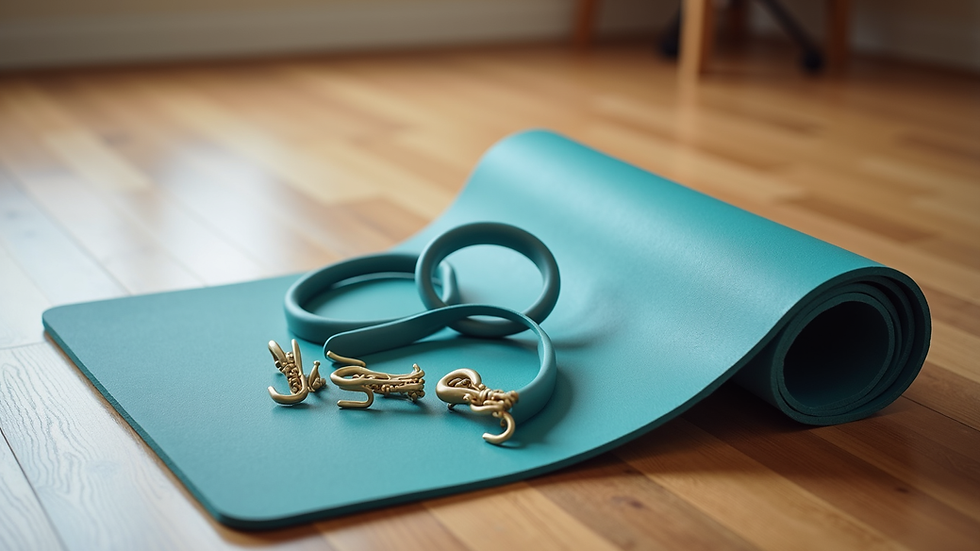 Eye-level view of a Pilates mat and resistance bands arranged on a wooden floor