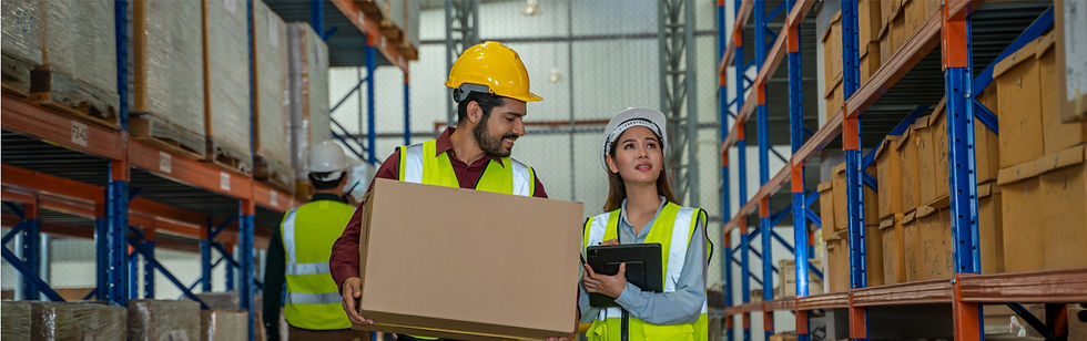 Two workers in a warehouse, wearing safety vests and helmets, collaborating to organize inventory on shelves filled with boxes and pallets.