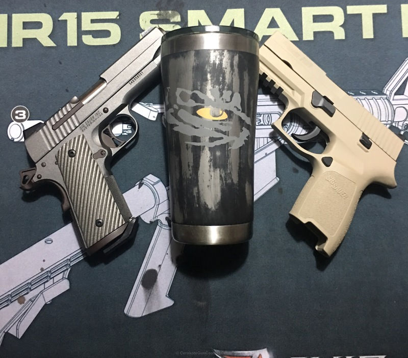Cerakote finished handguns and custom tumbler on an AR15 mat - H - Series