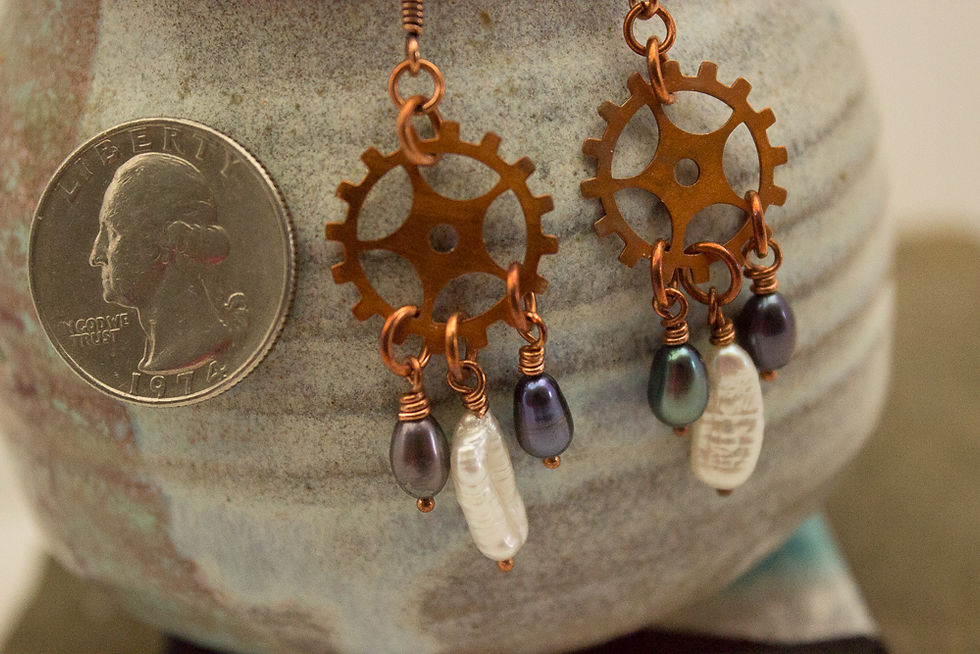 Thumbnail: Copper Gear Earrings with freshwater pearl drops