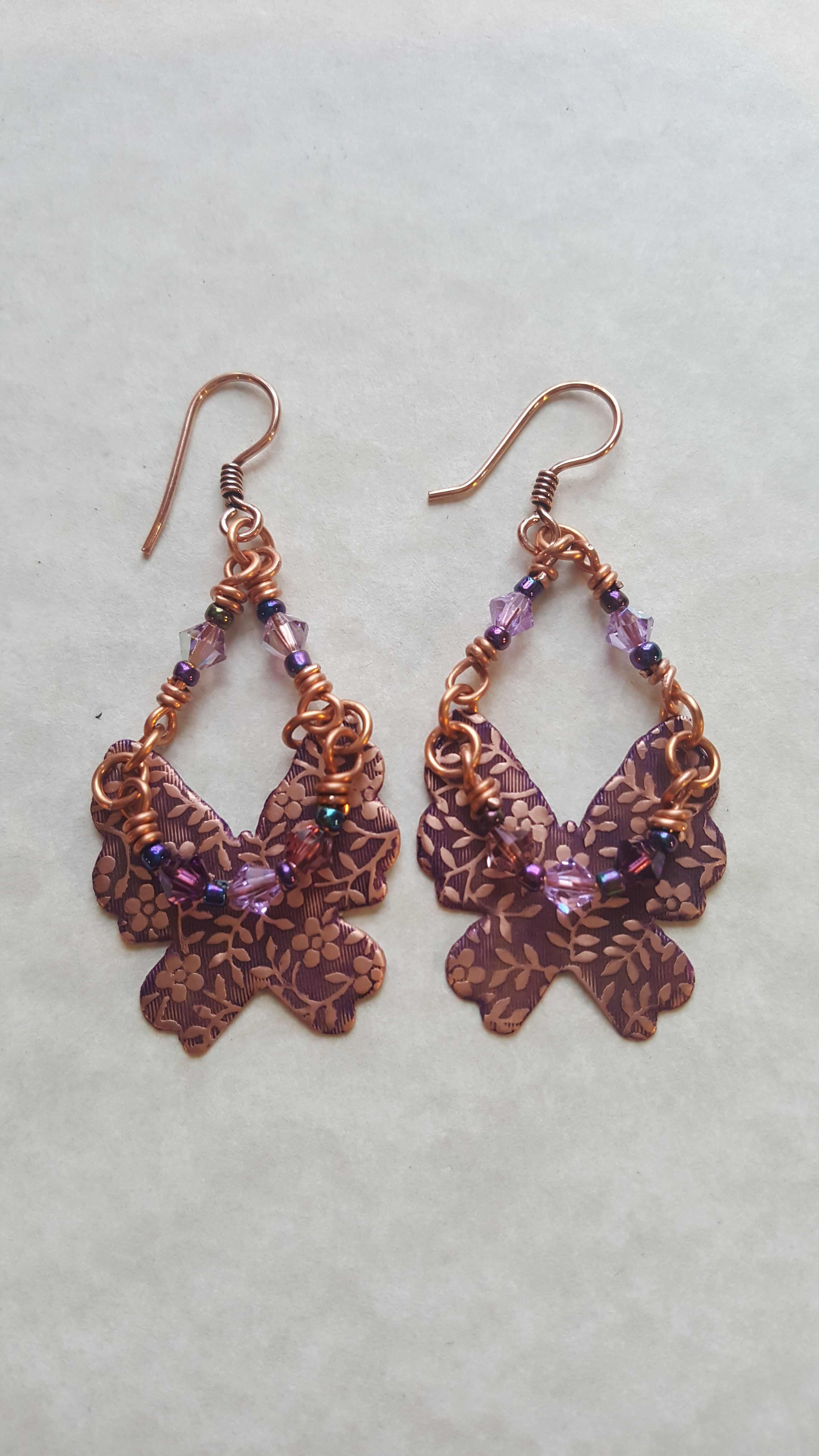 Patterned copper butterfly earrings with crystal 'choker'