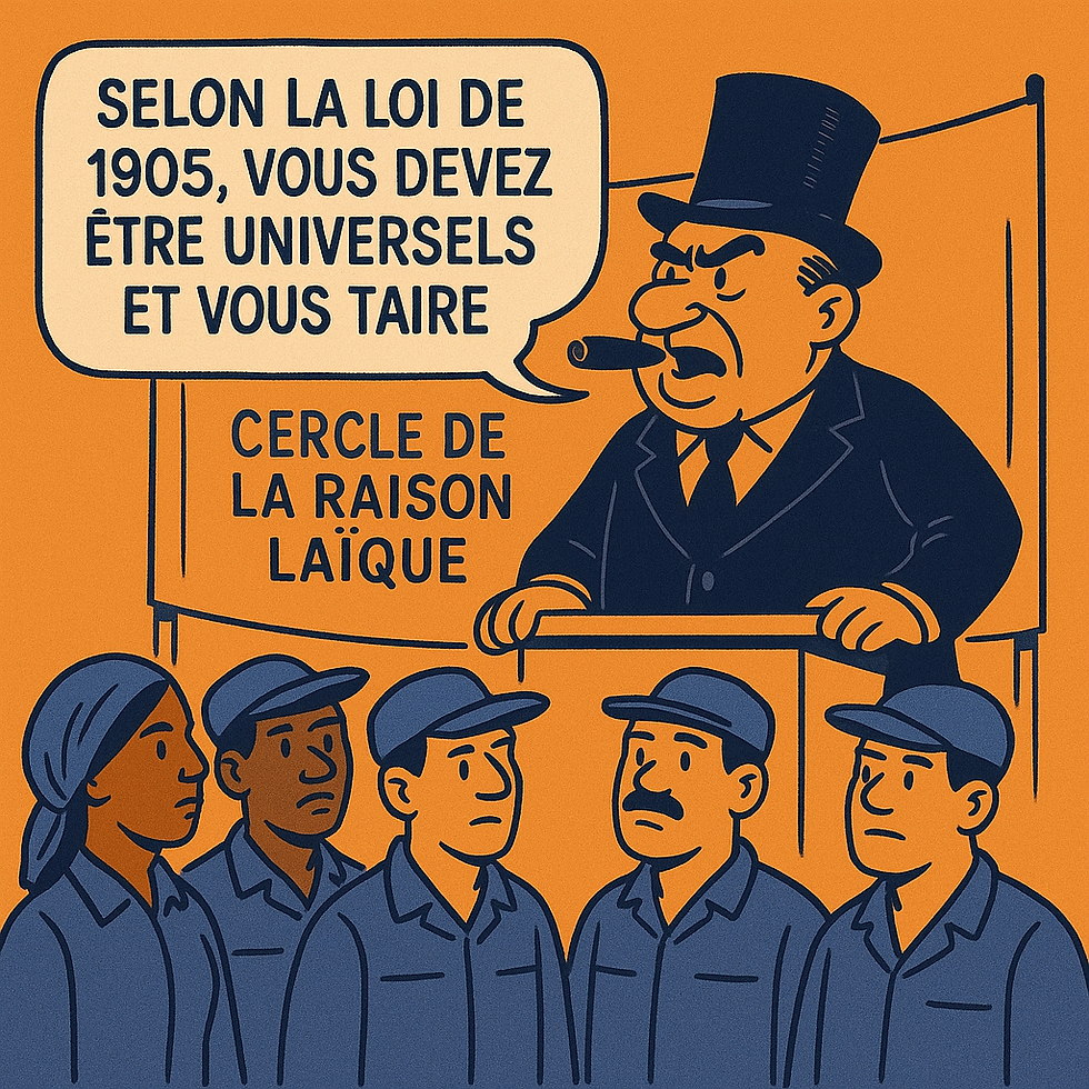 un patron, haut de forme et cigare, enjoint ses salariés à être "universels" et à se taire