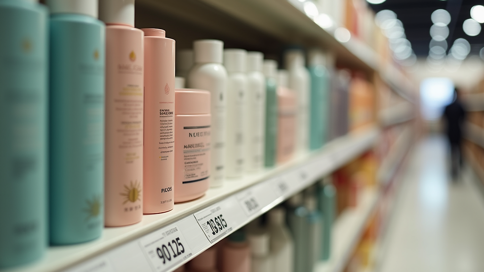 Close-up view of personal care products with price tags on a store shelf