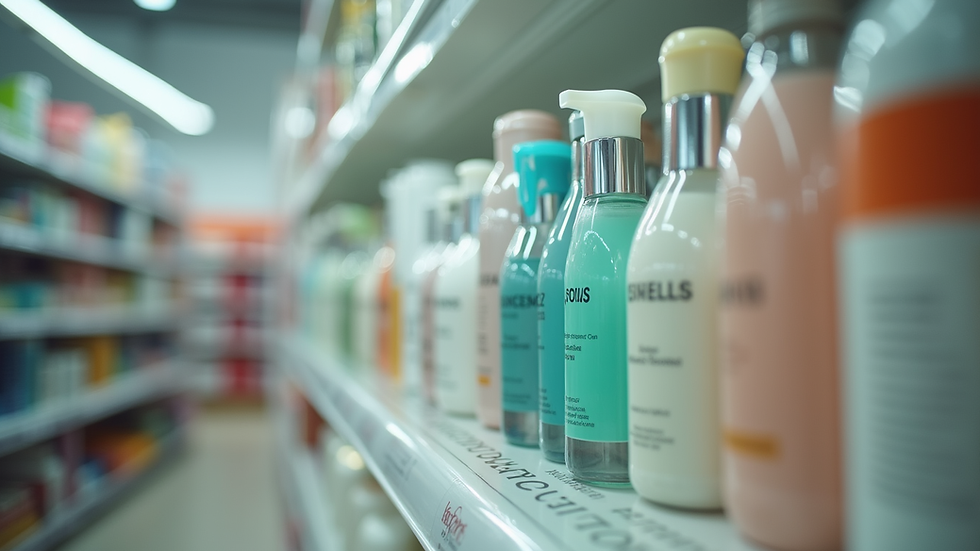 Eye-level view of a shelf filled with various personal care products in a store