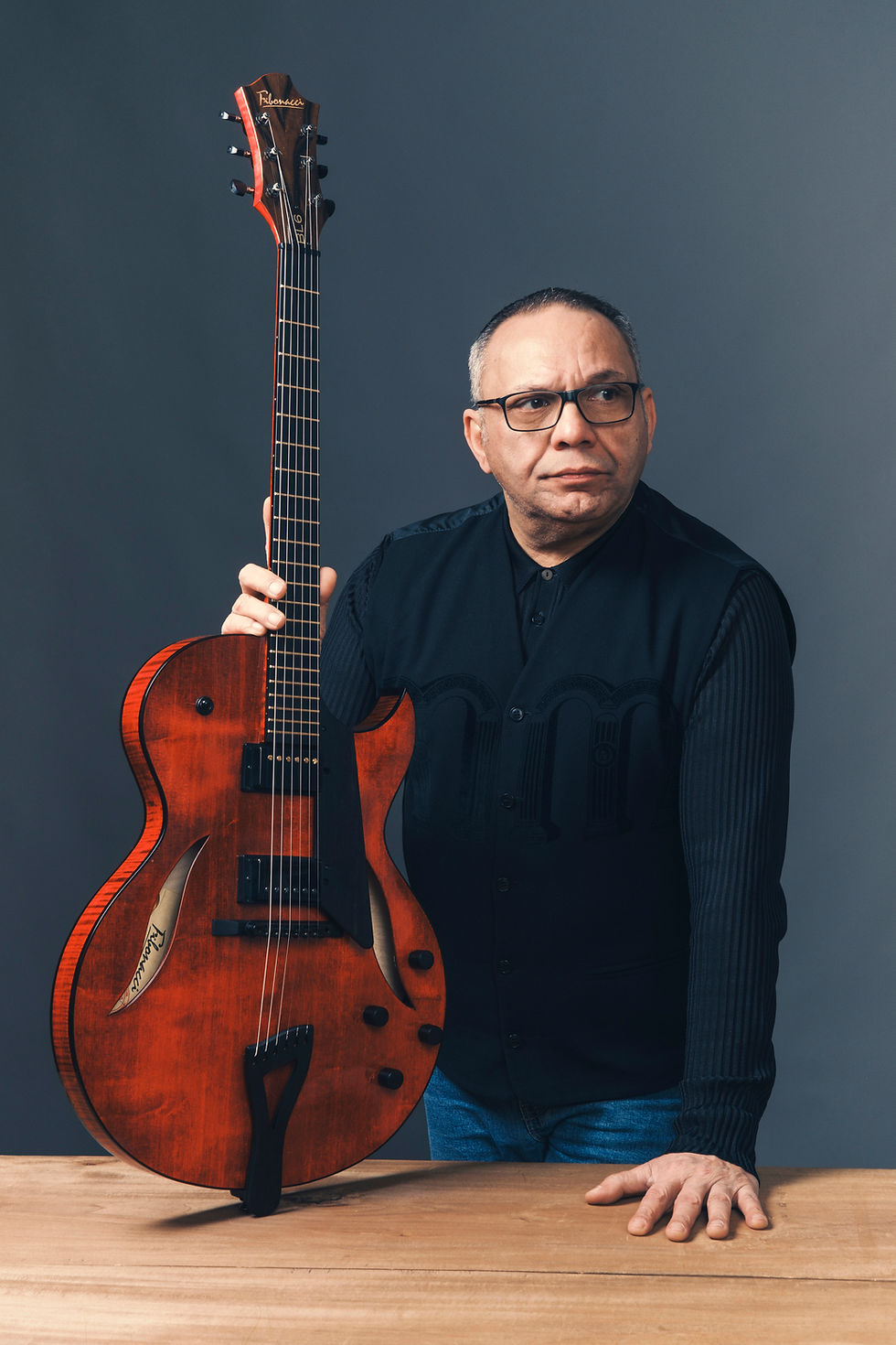 Bireli Lagrene with his Fibonacci BL6 fitted with set-in OX4 and Kent Armstrong pickups