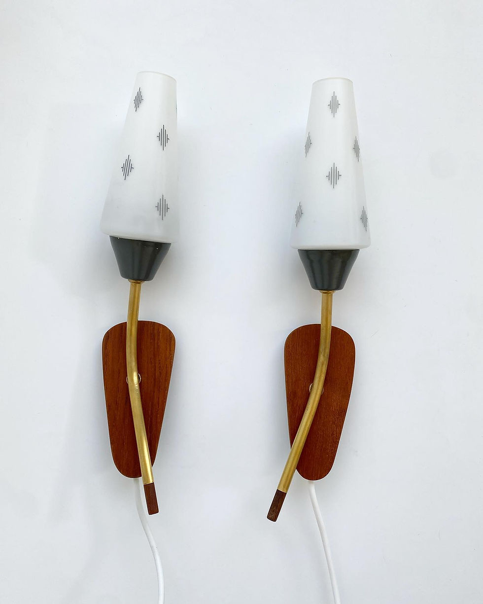 Thumbnail: Danish wall lamps in teak, glass and brass 1960s