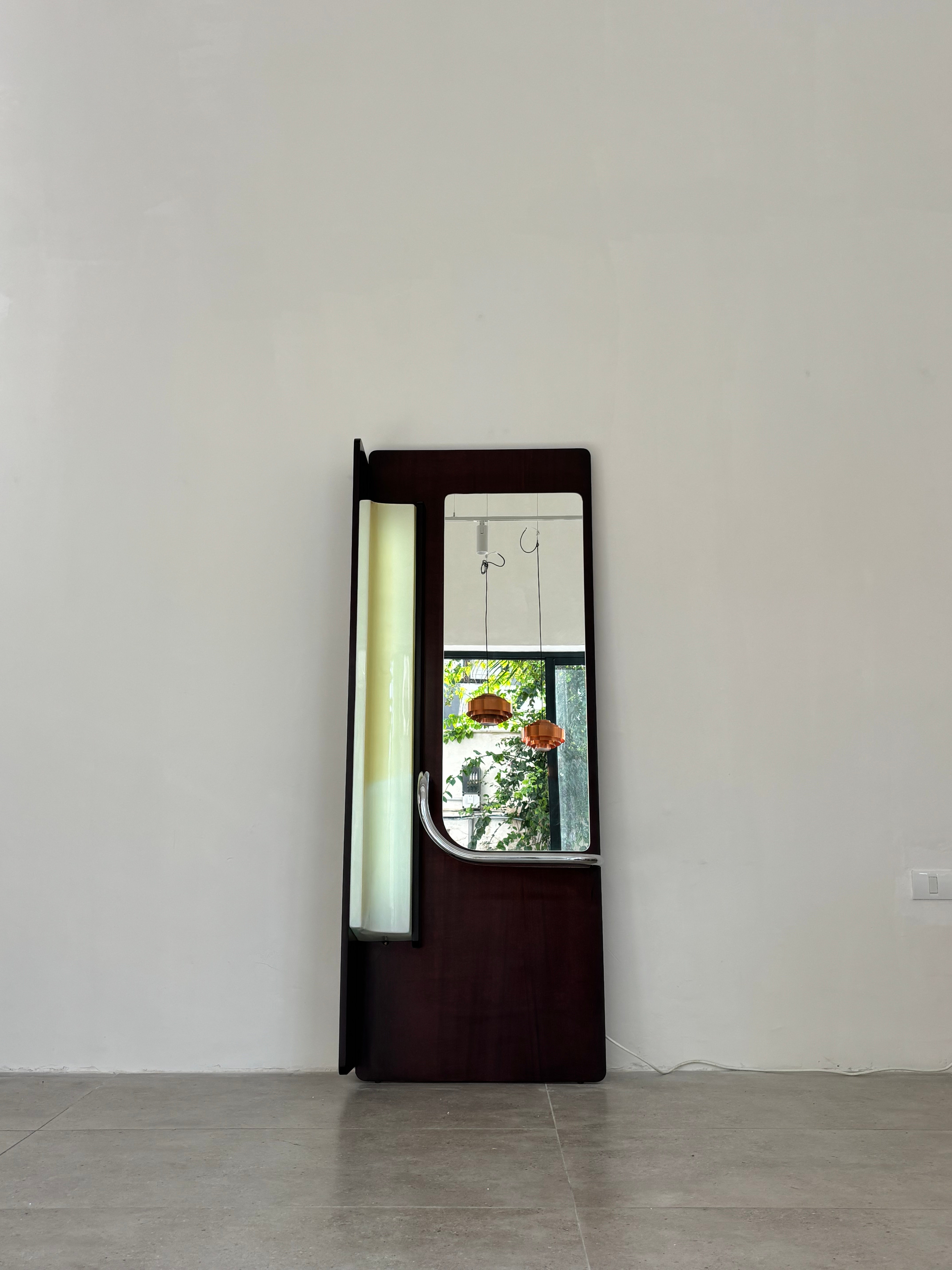 Italian Wall Mirror with Integrated Light, Wood & Chrome, 1970s