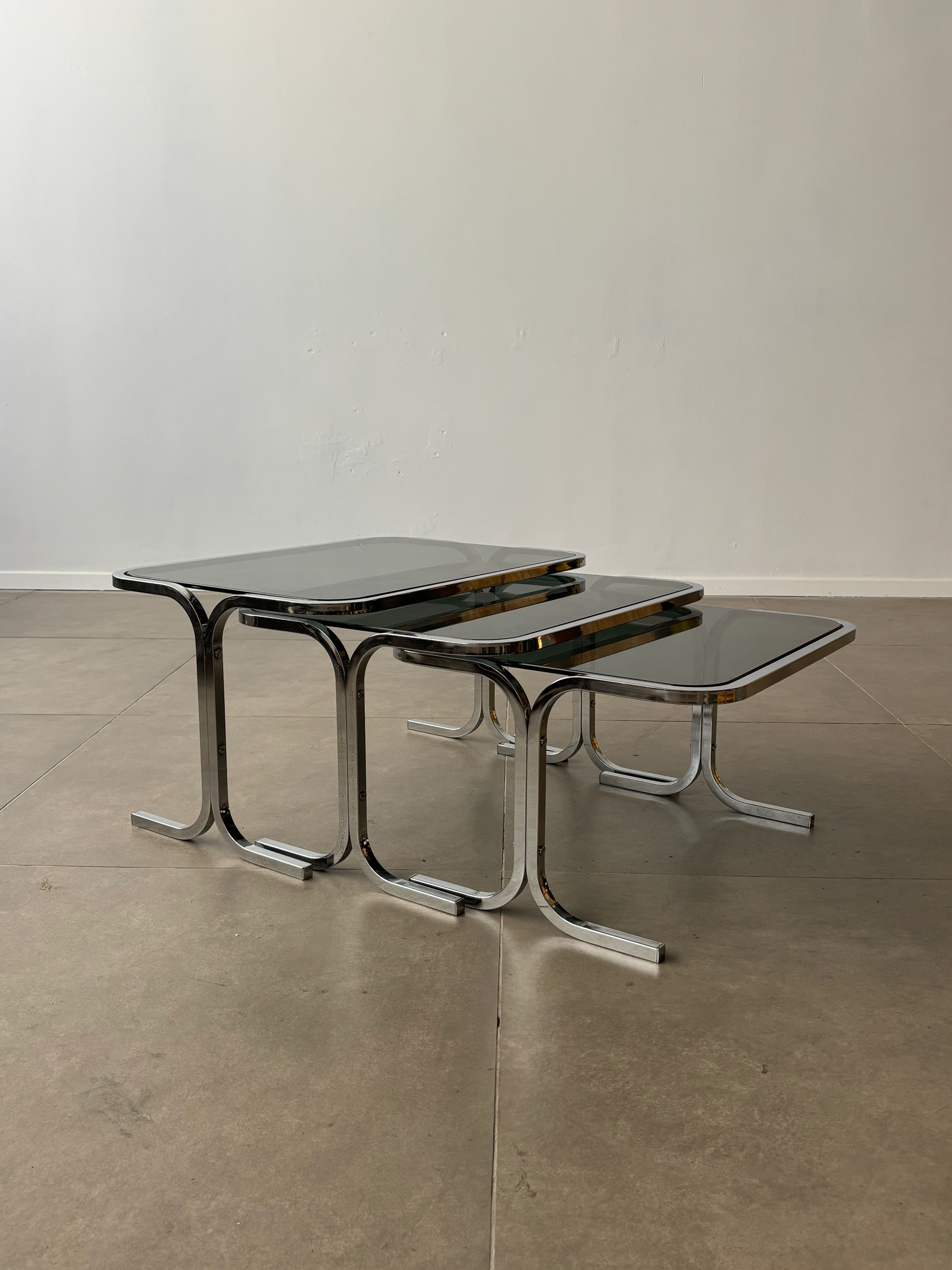 Vintage smoked glass & chrome nesting tables, 1970s Italy