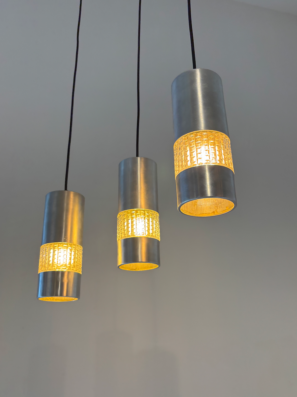 Thumbnail: Set of three, Chrome & glass pendant lamps, 1960s Denmark