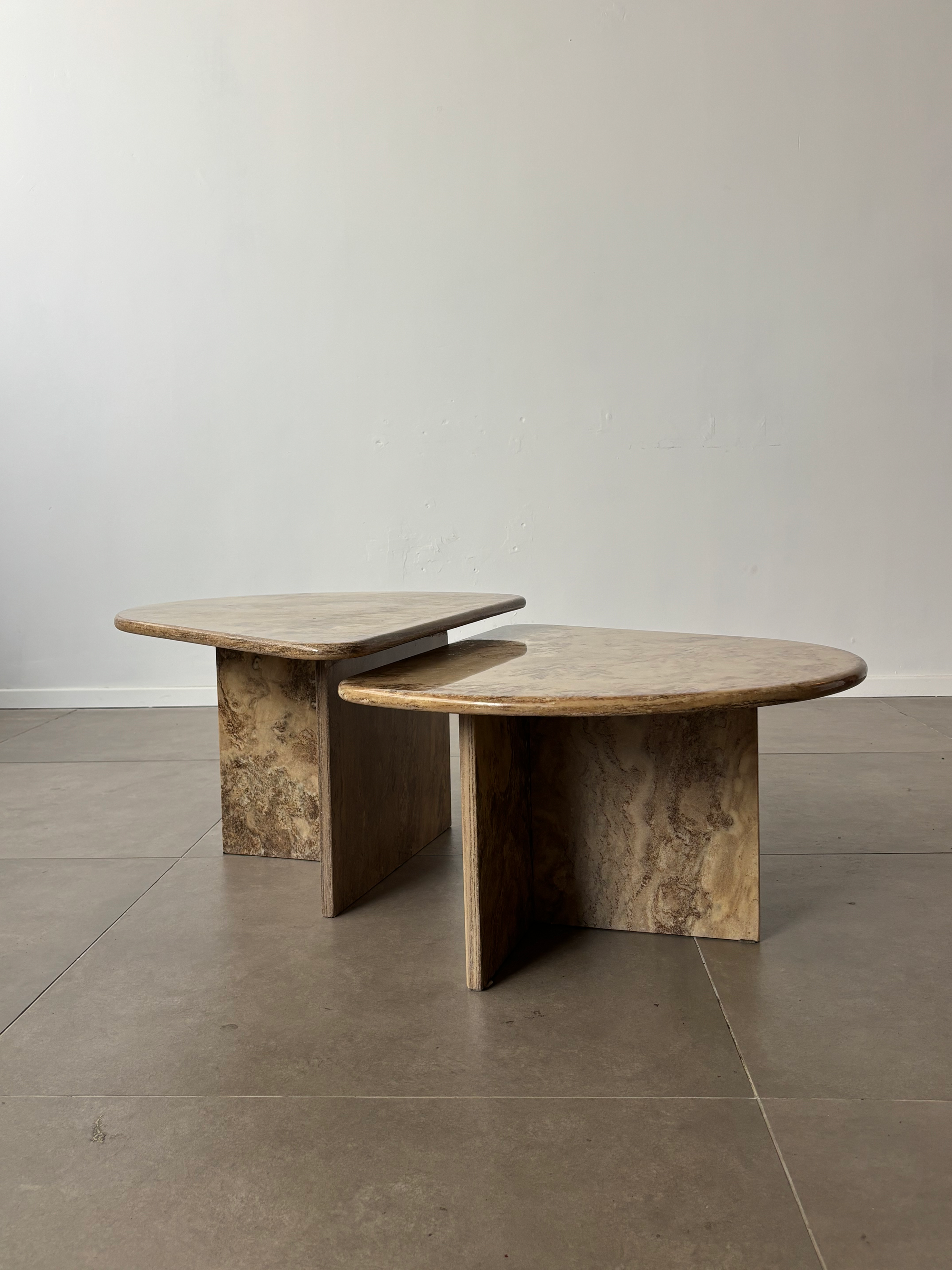 A Rare Pair of Italian Marble Coffee Tables in Cream and Brown, 1970s