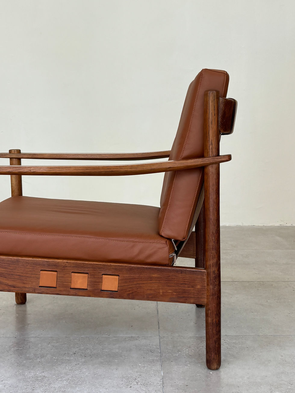 Thumbnail: Scandinavian Brutalist Lounge Chair in Solid Oak & Cognac Leather, 1970s