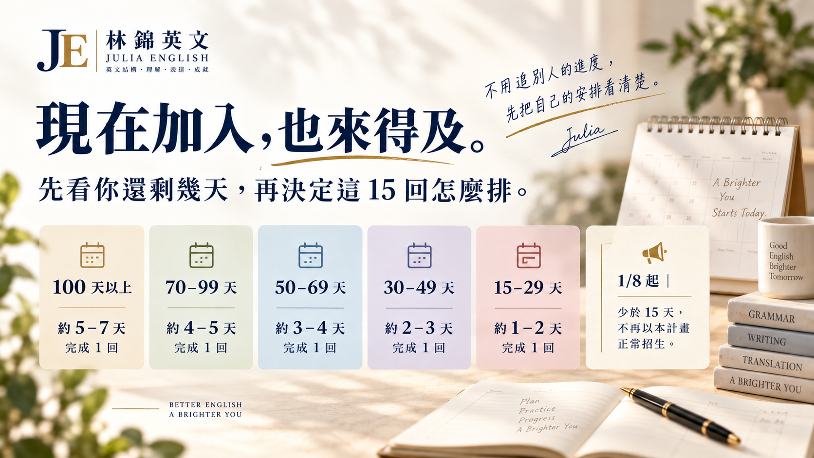 現在加入100天也來得及的剩餘天數與實戰節奏視覺